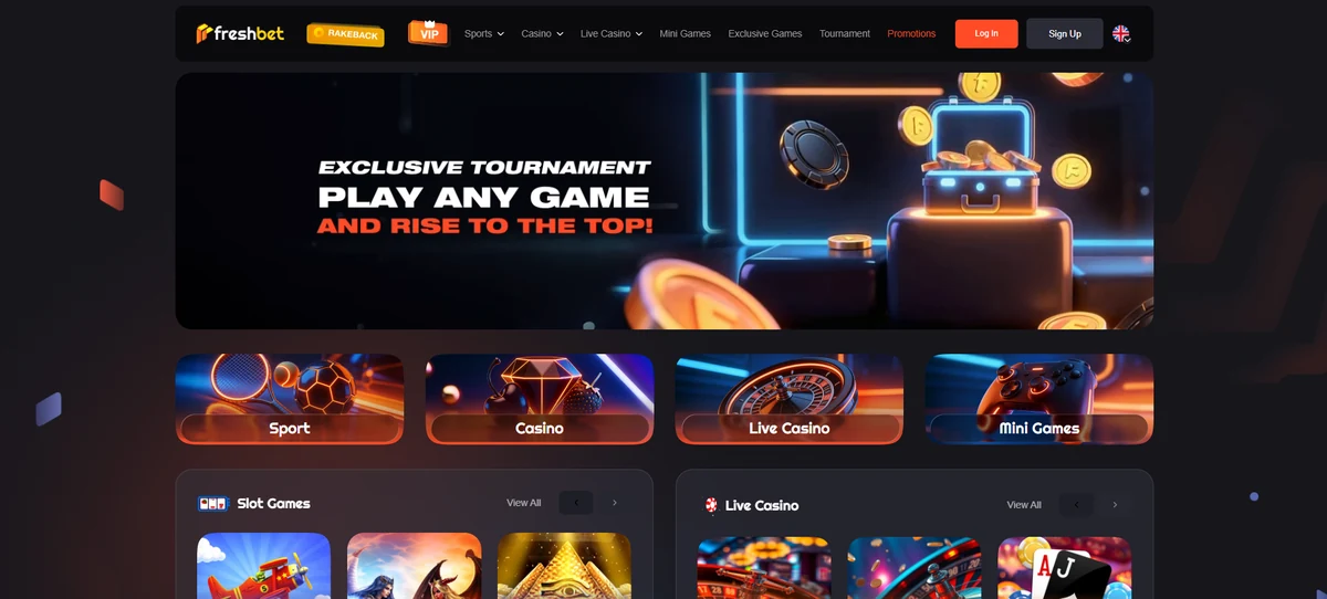 Freshbet casino lobby, showing the games shelf and welcome offer