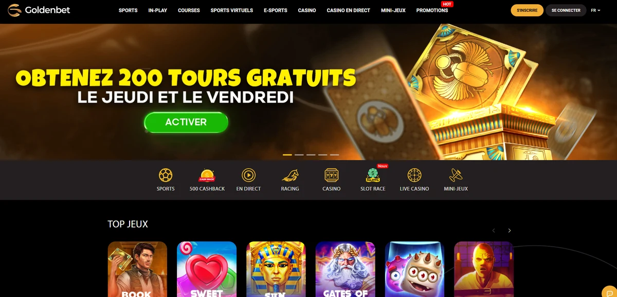 Goldenbet casino lobby, showing the games shelf and welcome offer