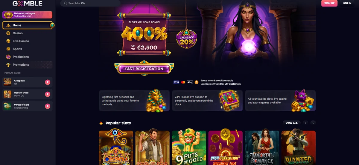 Gxmble casino lobby, showing the games shelf and welcome offer