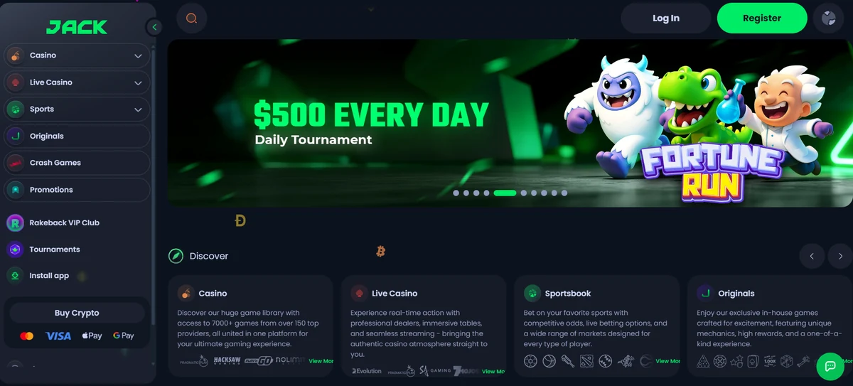 Jack.com casino lobby, showing the games shelf and welcome offer