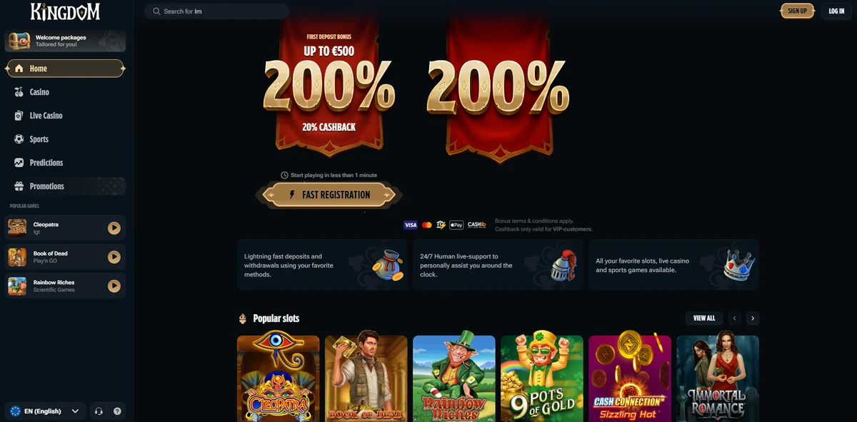 Kingdom Casino casino lobby, showing the games shelf and welcome offer