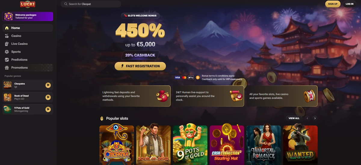 Lucki casino casino lobby, showing the games shelf and welcome offer