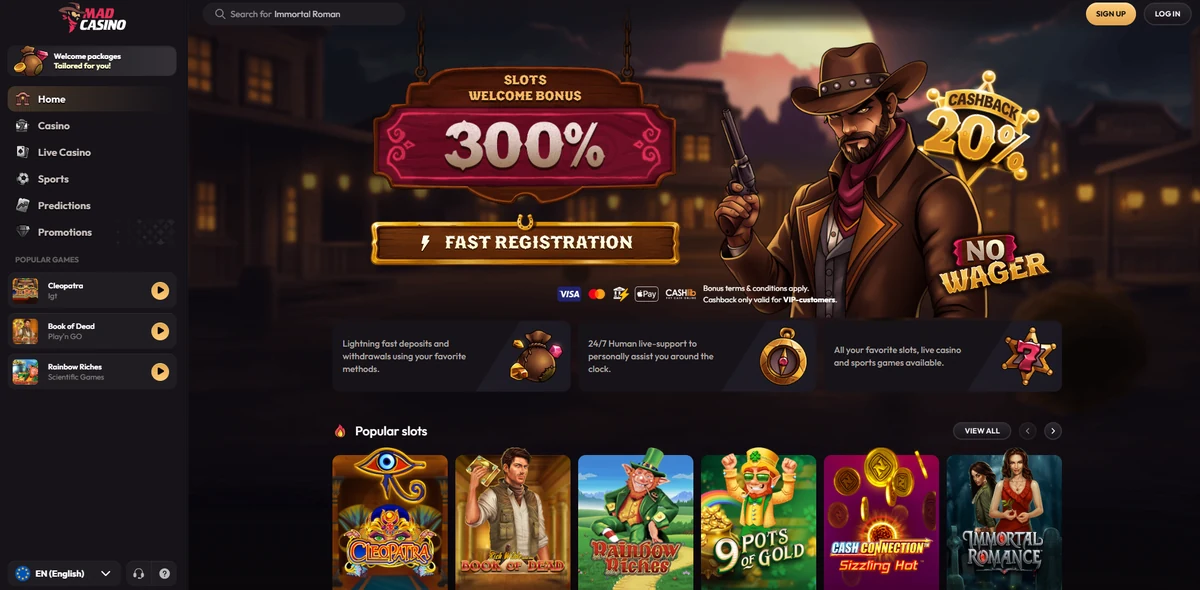 MadCasino casino lobby, showing the games shelf and welcome offer