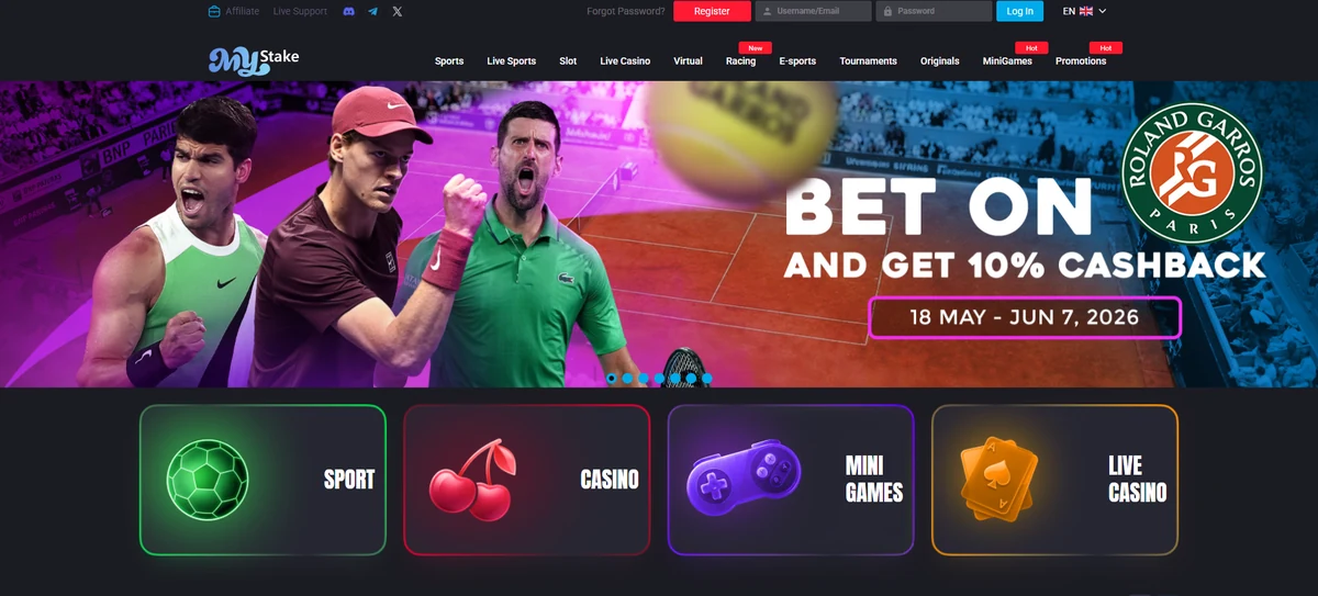 MyStake casino lobby, showing the games shelf and welcome offer