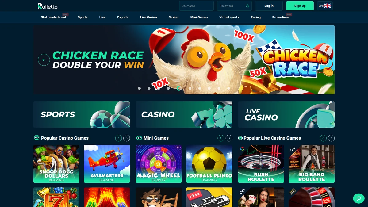 Rolletto casino lobby, showing the games shelf and welcome offer