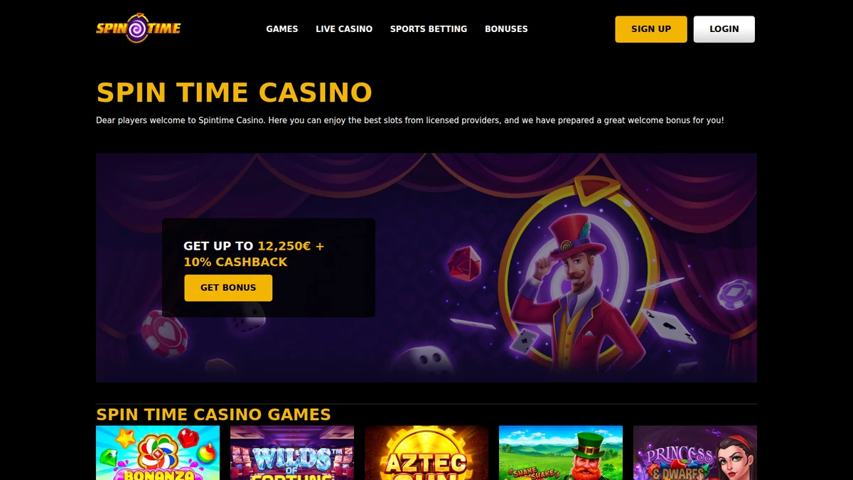 Spintime casino lobby, showing the games shelf and welcome offer