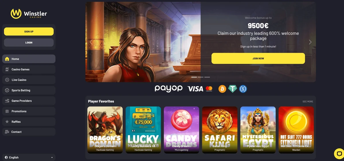 Winstler casino lobby, showing the games shelf and welcome offer